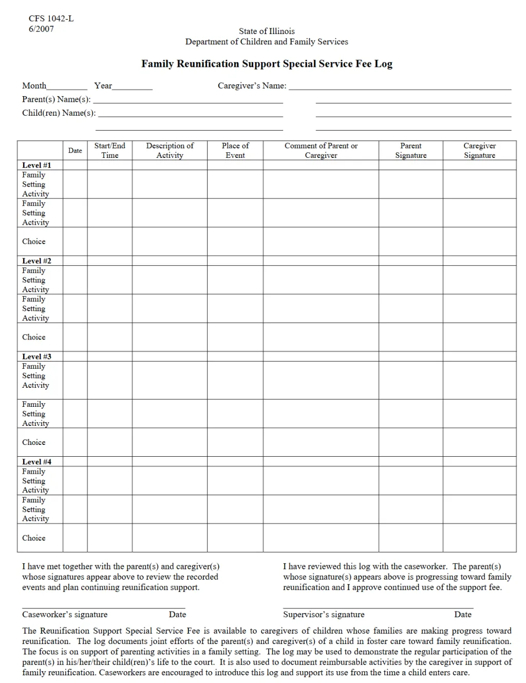 Family Reunification Support Special Service Fee Log