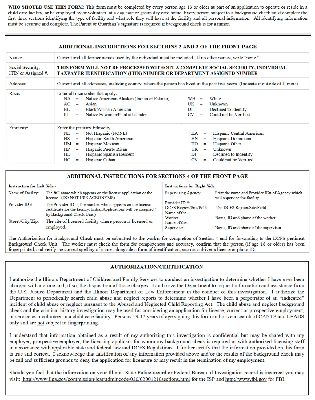 AUTHORIZATION FOR BACKGROUND CHECK for Child Care (Instructions)