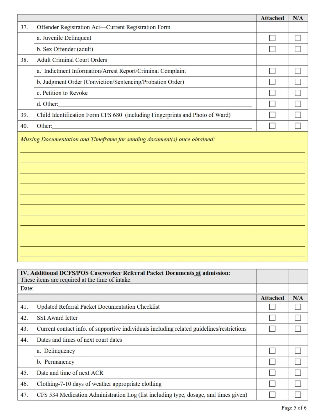 REFERRAL PACKET DOCUMENTATION CHECKLIST (Page 5)