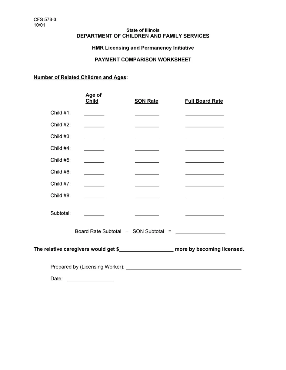 HMR Licensing and Permanency Initiative PAYMENT COMPARISON WORKSHEET