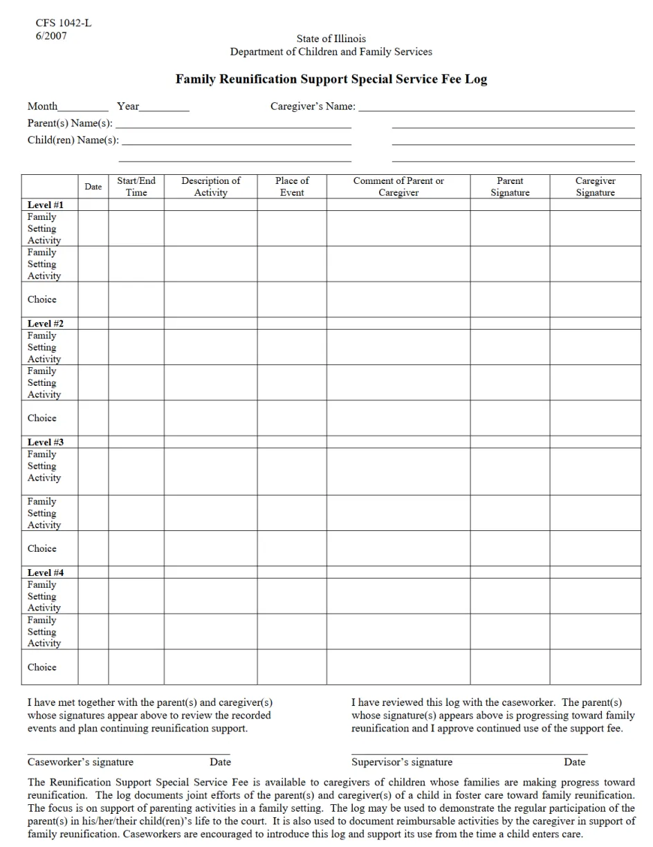 Family Reunification Support Special Service Fee Log