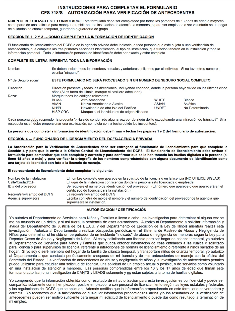 AUTHORIZATION FOR BACKGROUND CHECK (INSTRUCTIONS) (SPANISH)